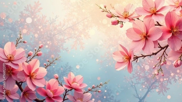Fototapeta Delicate Pink Blossoms in a Dreamlike Winter Scene with Soft Light and Gentle Bokeh Effects