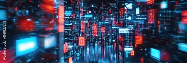Fototapeta Cyberpunk city, neon lights, digital tunnel, abstract data visualization, futuristic cityscape, glowing red cubes, blue energy streams, high-tech corridor, virtual reality, information highway, digita