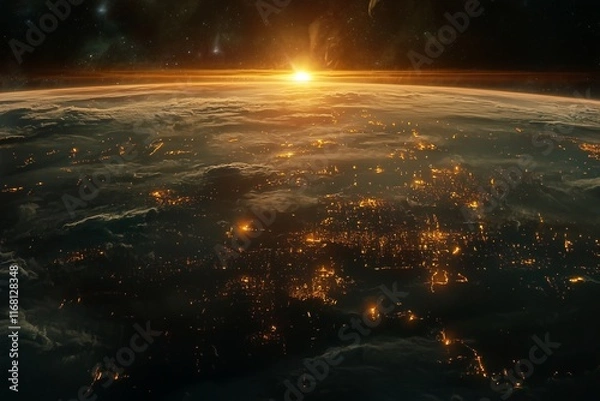Fototapeta A breathtaking view Earth from space with glowing city lights and the sun rising over the horizon.