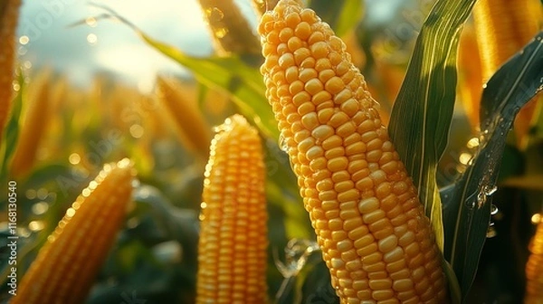 Fototapeta A Close-Up of Golden Yellow Corn Ears in a Field