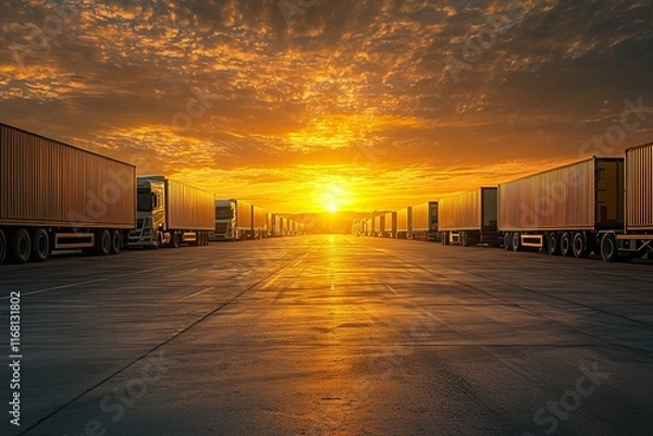 Fototapeta A serene view parked trucks under a golden sunrise, symbolizing industry and calmness.