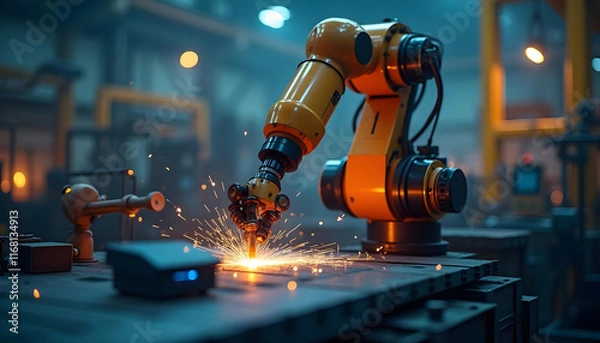 Fototapeta Illustration, Industrial robot arm, Welding machine working in factory Surrounded by lights and equipment, 3D model