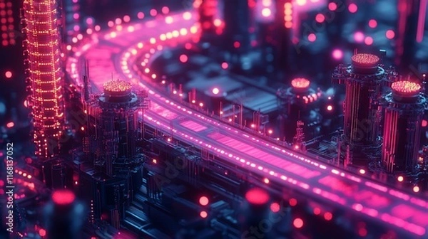 Obraz Futuristic city highway with glowing neon lights and intricate structures.