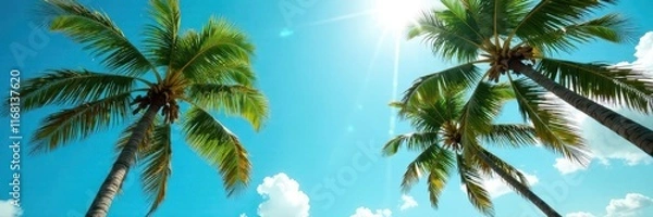 Fototapeta Sun-drenched coconut palms sway gently against a vibrant blue sky , vacation, landscape, relaxing