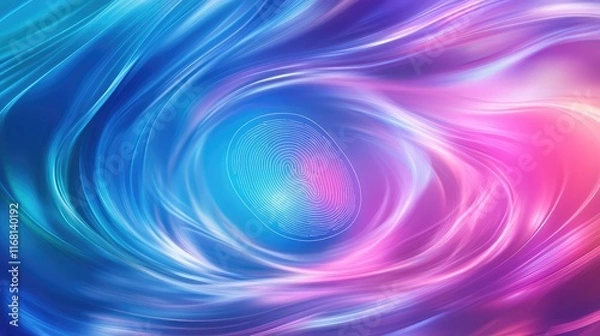 Fototapeta Close-up of a glowing fingerprint icon surrounded by swirling lines of light, symbolizing creativity, set on a bright gradient background