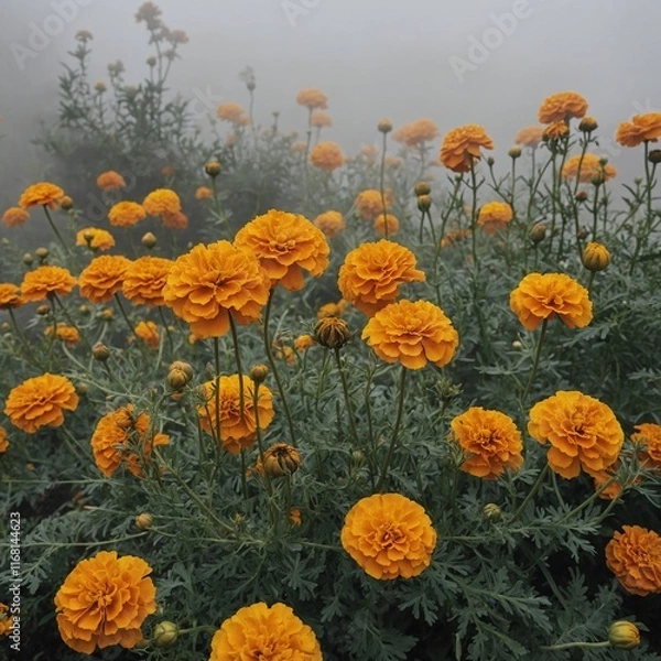 Obraz "A garden of marigolds blending softly into a white mist."