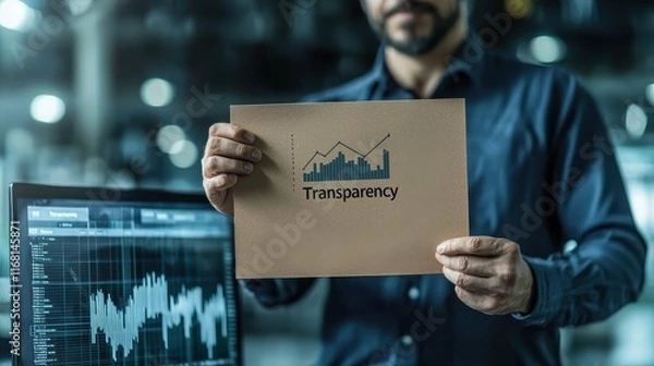 Fototapeta Finance analyst holding a transparency chart in an office with a digital analytics concept and a professional environment