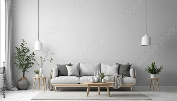 Fototapeta Minimalist living room with a light gray sectional sofa, neutral decor, and indoor plants. blank canvas frames adorn the wall above a modern coffee table.