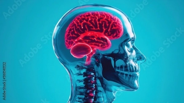 Fototapeta X-ray of the human head with emphasis on the brain structure to determine the symptoms of abnormalities and diseases suffered by the patient, a living illustration of a medical concept