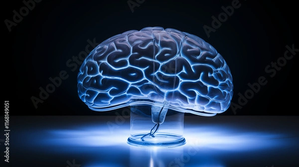 Fototapeta A glass brain with cracks, glowing from within with dim blue light