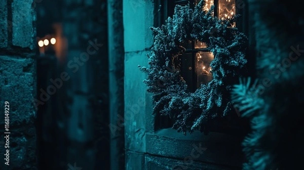 Fototapeta Snowy wreath on a stone wall at night, illuminated window.
