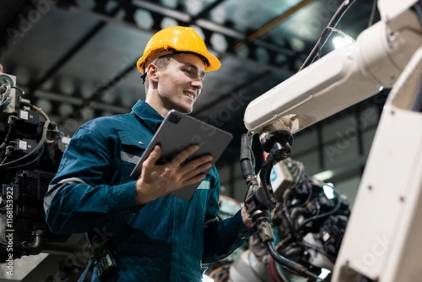 Fototapeta Robotic engineer automatic mechanic checking quality system of automation robot arms machine in factory. Service programming machinery welding robots in production at factory industry.