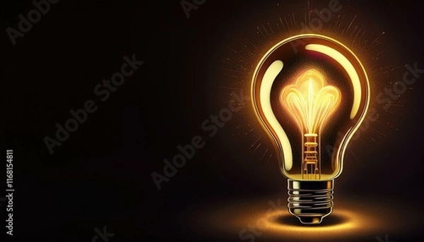 Fototapeta Light bulb on black background with copy space. Glowing light bulb symbol of new idea, creativity, innovation, concept, technology, equipment, glowing, inspiration, invention, solution,