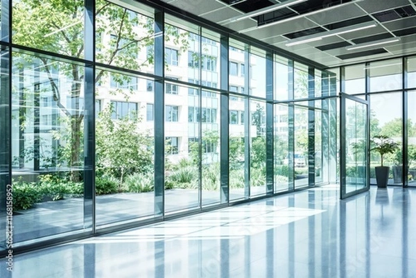 Obraz Bright office space with glass walls, natural light, and outdoor greenery in the background. Clean and modern style, concept of sustainability. Ai generative