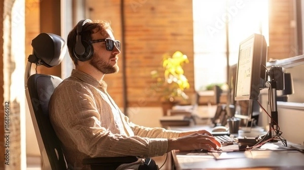 Fototapeta Inclusive Workspace with Visually Impaired Employee Using Assistive Technology