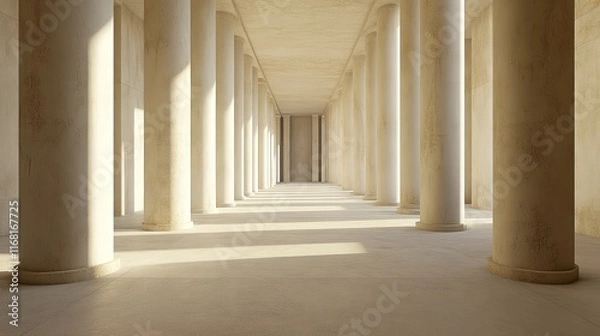 Fototapeta Sunlit colonnade interior with classical columns and beige walls.