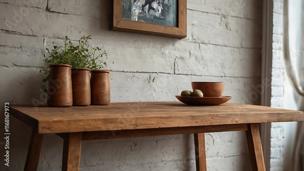 Fototapeta Close-up of a vintage wooden table or shelf in an empty interior design environment. Conveys a feeling of nostalgia and simplicity.