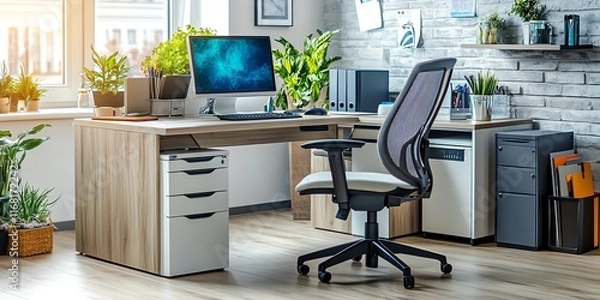 Fototapeta Modern Home Office Workspace: L-Shaped Desk, Ergonomic Chair, and Natural Light
