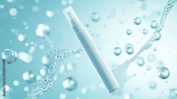Fototapeta A tube of white cream floats in the air, surrounded by water droplets and bubbles on a light blue background, creating a realistic looking advertising poster for a skin care product