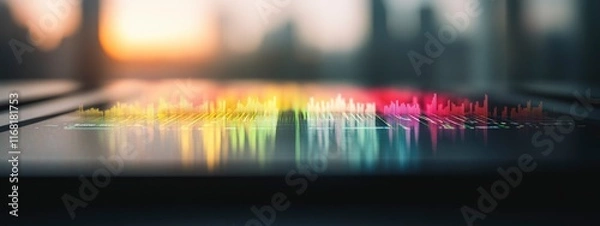 Fototapeta Vibrant music soundwave visualization overlaid on a sleek digital tablet in a modern urban setting at sunset
