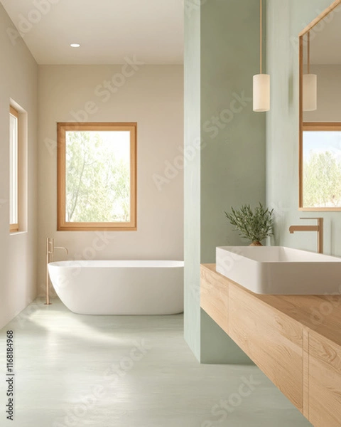 Fototapeta Modern bathroom design featuring minimalist style and natural light in serene setting
