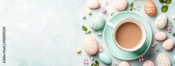 Obraz A serene coffee moment surrounded by beautifully decorated Easter eggs and spring flowers on a pastel backdrop