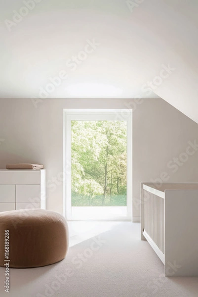 Fototapeta Cozy nursery with natural light and minimalist decor in serene setting