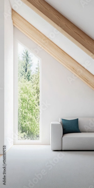 Fototapeta Bright modern living room with large window and minimalist decor in a serene setting