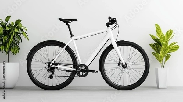 Fototapeta Modern White Bicycle in Minimalist Indoor Space with Plants