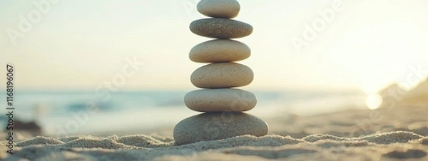 Fototapeta Balanced stone tower rests peacefully on a sandy beach during a serene sunset, symbolizing tranquility and harmony in nature.