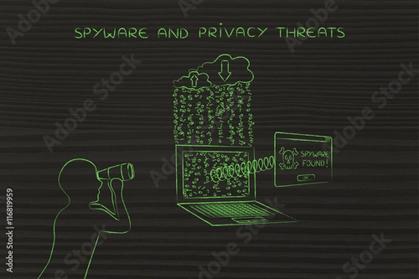 Fototapeta man with binoculars spying on private data, spyware found pop-up