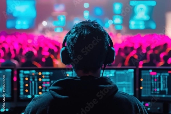 Fototapeta Focused Male DJ Performing Live with Colorful Lights in Background