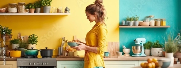 Fototapeta Bright and cheerful kitchen scene featuring a woman enjoying a moment of cooking amidst colorful walls and vibrant decor
