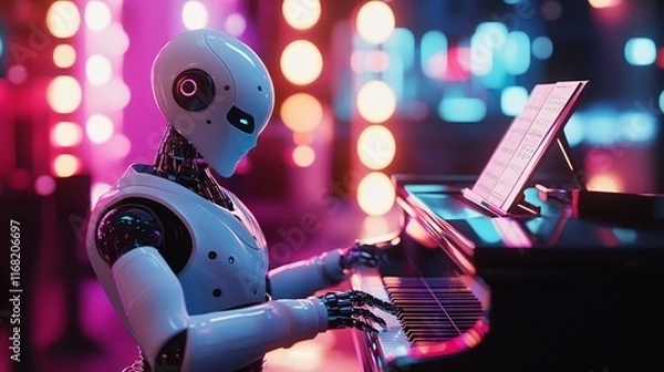 Fototapeta "AI Robot Playing Grand Piano in Vibrant Futuristic Environment, Generative AI