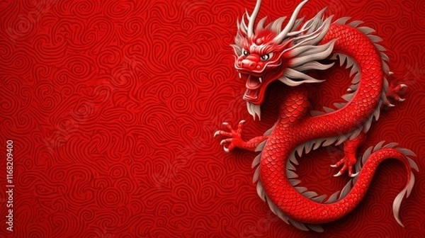 Fototapeta Majestic Chinese Dragon Coiled with Fiery Presence and Legendary Power   A captivating digital showcasing the iconic and powerful mythical creature the Chinese dragon with its intricate scales