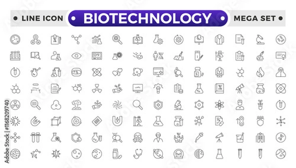 Fototapeta Set of outline icons related to biotechnology, biochemistry, farming, science. Lab and science line icon set. Laboratory equipment icons. Flask, microscope, syringe, pipette, petri dish.