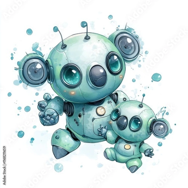 Obraz Cute robot family with childlike features, showcasing futuristic design and playful interaction in a whimsical setting