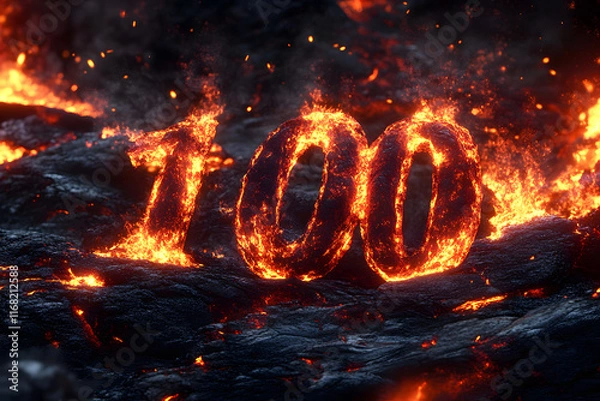 Fototapeta Number 100 (one hundred) crafted entirely from molten magma or lava and blazing fire. Majestic elegance glowing with fiery cracks like molten surface of active volcano. Red and orange hues radiate.