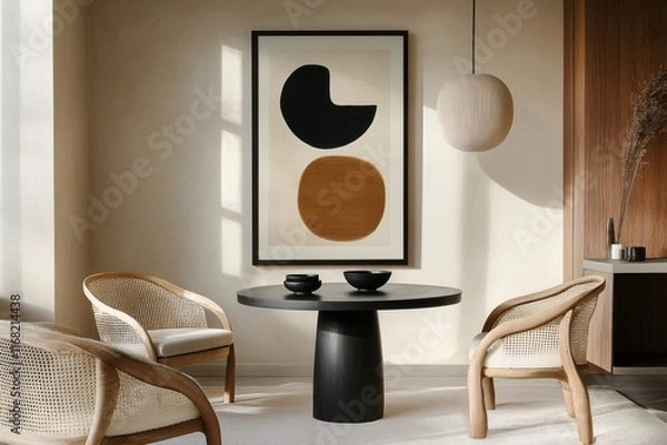 Fototapeta Modern Interior with Artistic Wall Art and Minimalist Furniture in Bright Room