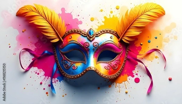 Fototapeta The image is a digital illustration of a carnival mask. The mask is in the center of the image and is painted in a combination of blue, orange, and pink colors. 