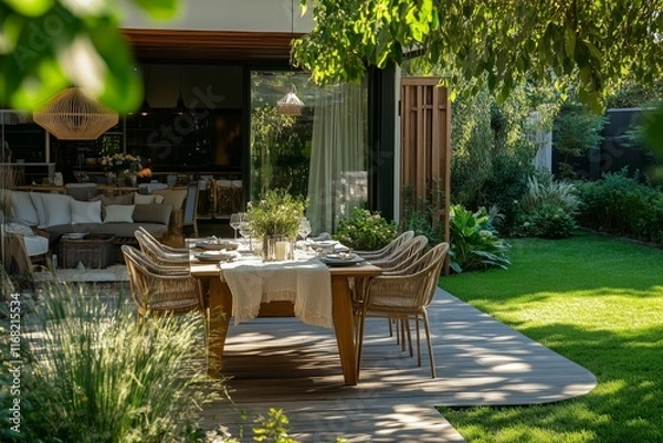 Obraz Luxurious modern home exterior featuring dining area and lush garden view