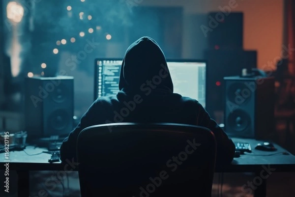 Obraz Mysterious hacker working on a computer depicting the theme of cybercrime and dark web