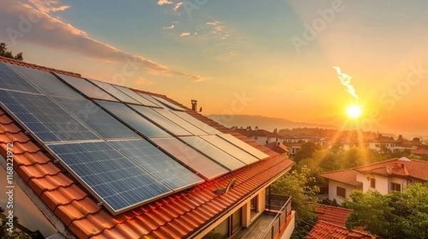 Obraz A photo collage of red-tiled houses with solar panels glowing under the golden sunset, a serene sky behind, symbolizing sustainability and renewable energy