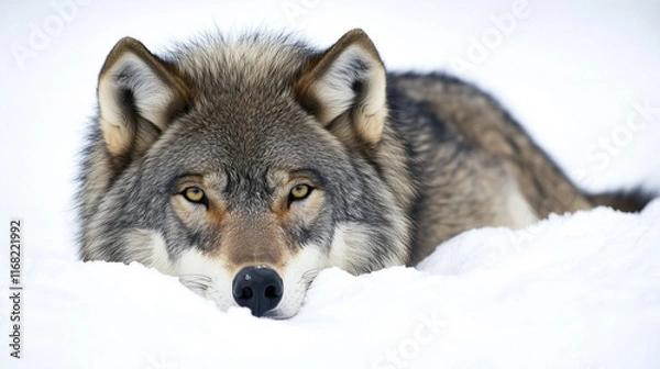 Fototapeta A gray wolf lying on snow, gazing intently forward on a white background