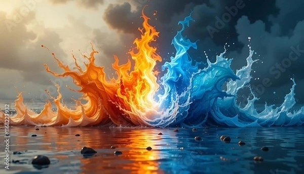 Fototapeta Confrontation of Elements: Fire's Reflection on Water