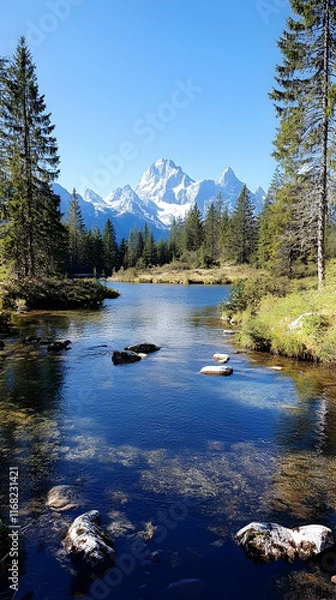 Fototapeta Majestic mountain reflection in calm alpine lake, tranquil forest background; ideal for travel brochures or nature documentaries.