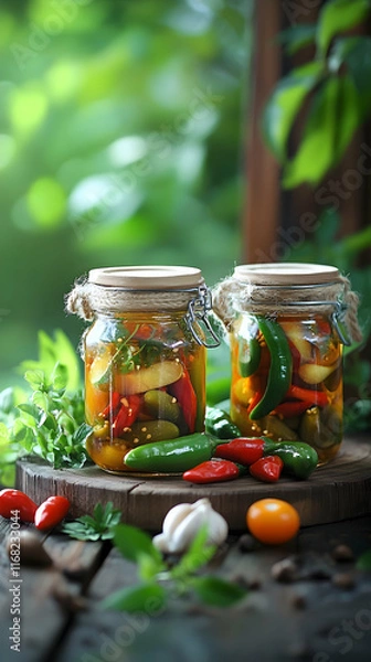 Fototapeta Homemade chili peppers preserved in jars, outdoor setting, summer garden background. Ideal for food blogs and cooking websites.