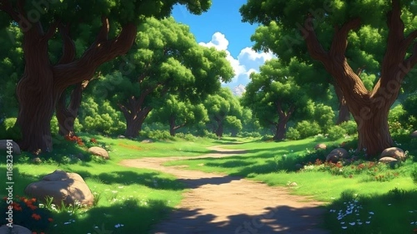 Obraz Sunlit Pathway: A Vibrant Summer Woodland Illustration
