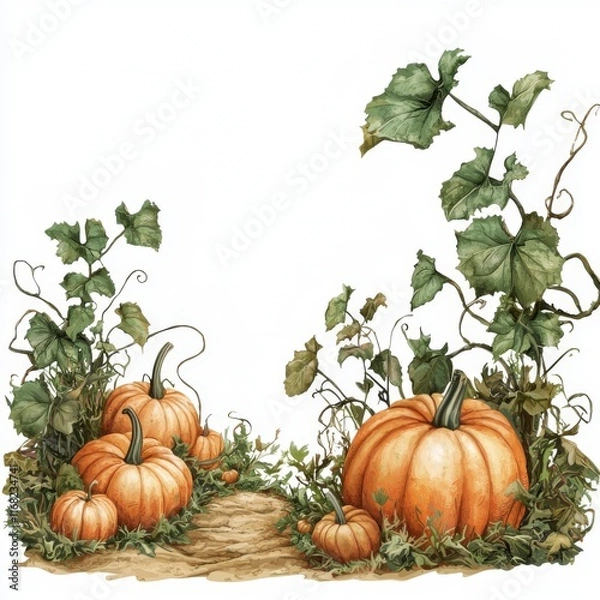 Obraz Autumn Harvest Scene with Pumpkins and Green Vines on a White Background Ideal for Seasonal Decor and Designs