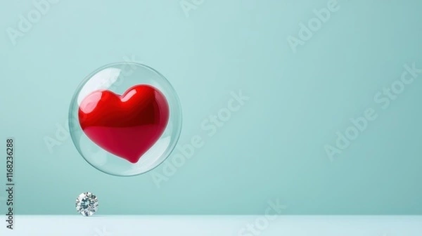 Fototapeta valentine bubble concept. Transparent glass bubble encapsulating a vibrant red heart shaped object which emits a warm glowing light from within creating a captivating and romantic visual
